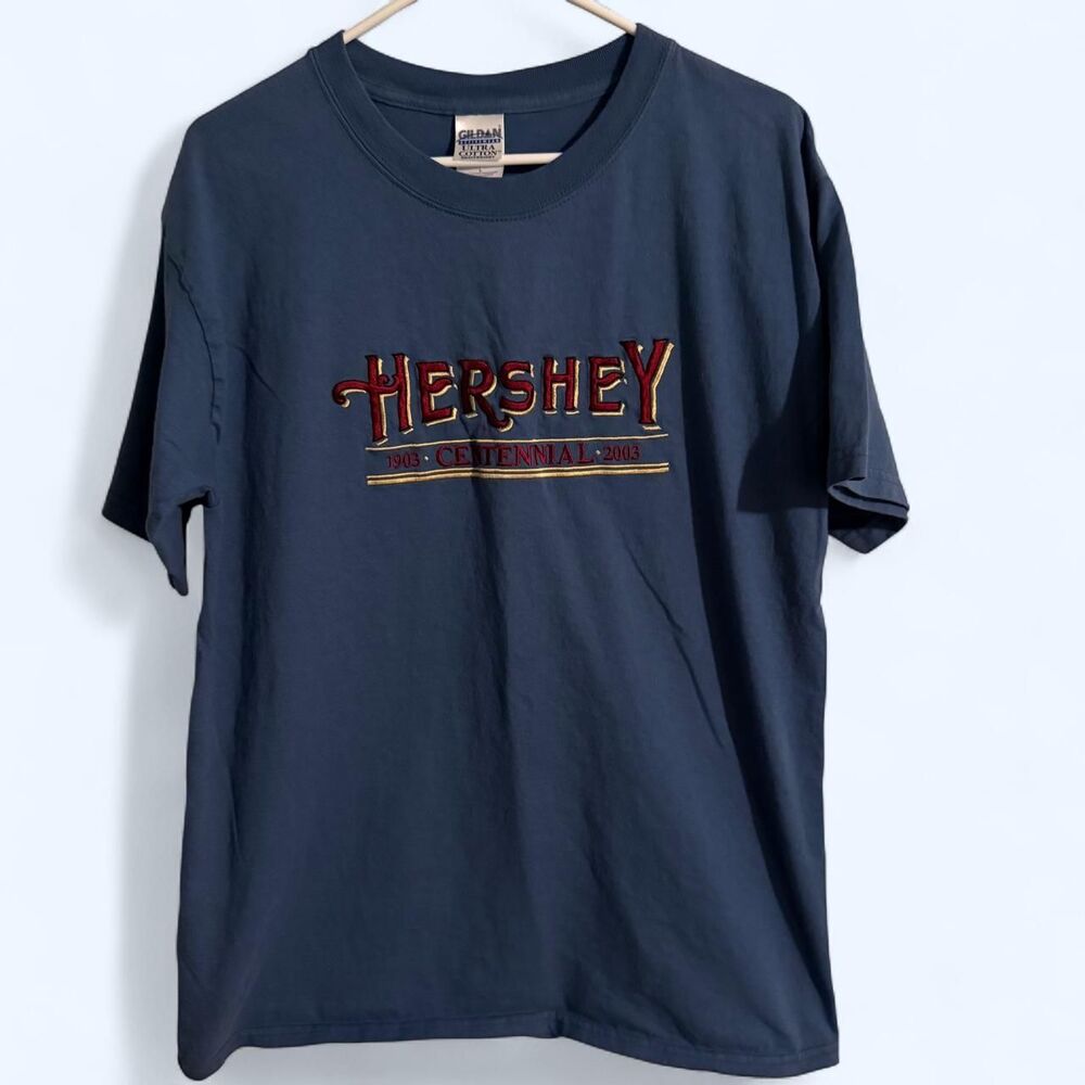 Vintage Y2K Hershey Centennial T-Shirt Blue Graphic Tee Size L